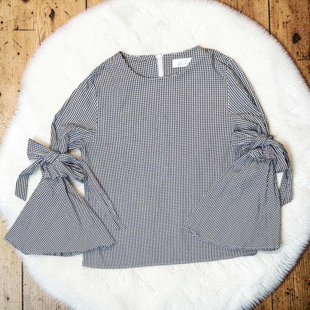 CHIC WISH Chicwish 100% Cotton Gingham Flare Tie Sleeve Top Blouse M L
